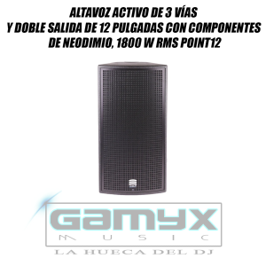 Altavoz activo de 3 vías y doble salida de 12 pulgadas con componentes de neodimio, 1800 W RMS POINT12